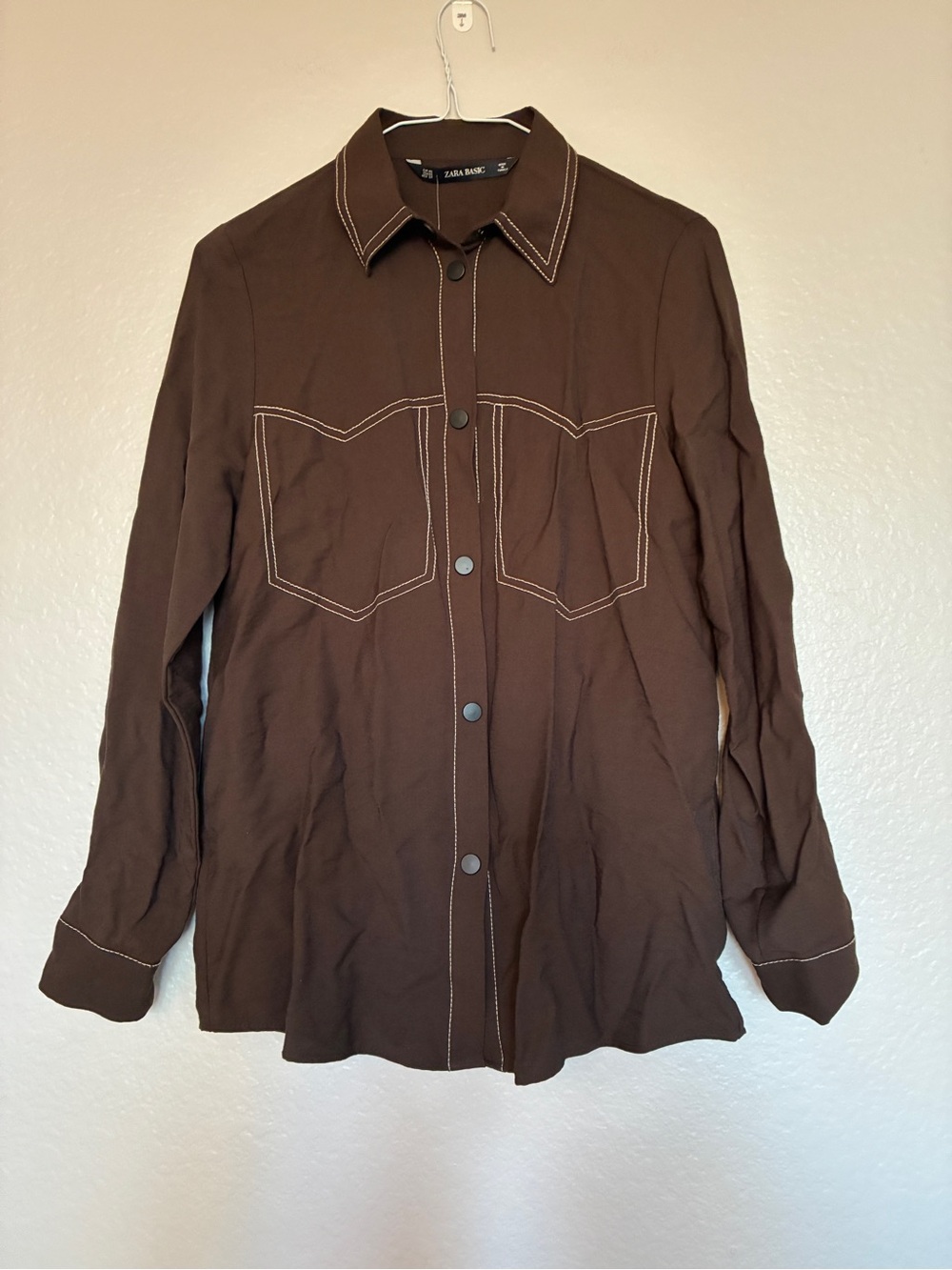 NWT Zara Women’s XS Brown Button-Down Shirt Contrast Cream Stitching Western